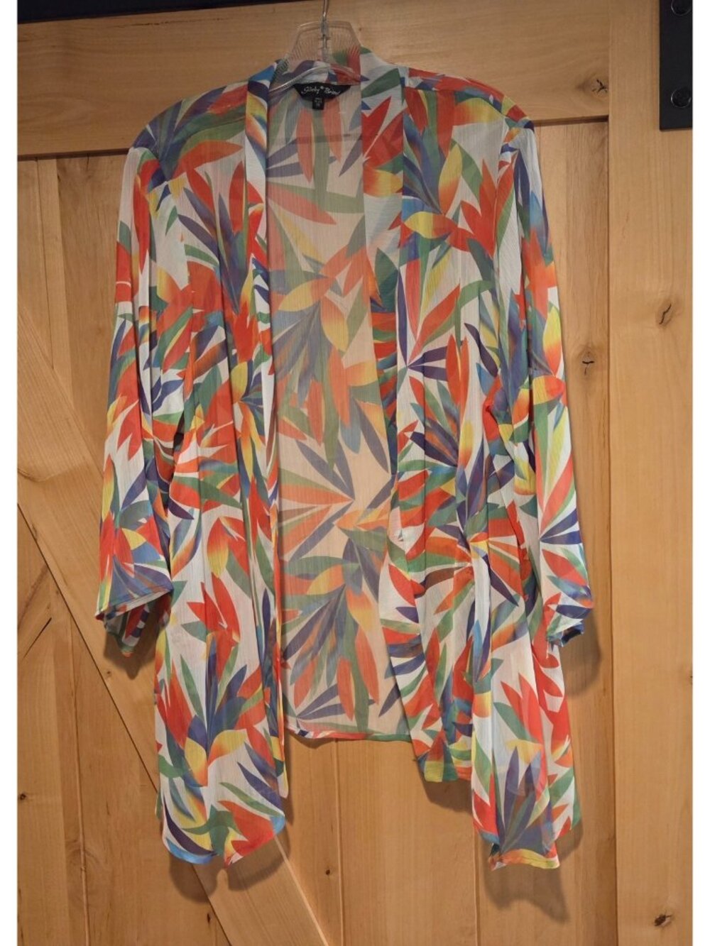 Slinky Brand Size 1X Multicolor Floral Semi Sheer Open Kimono Drape Cover Up USA